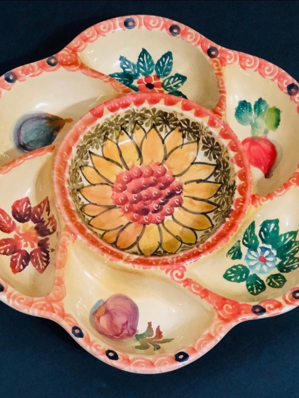 Vintage Italica Ars Italy 12" Hand Painted 7-Part Divided Serving Dish Sunflower